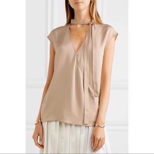 NWT Theory Camel Beige Silk Bow Relaxed Wrap Top